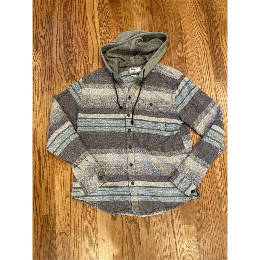 Billabong Men's Core Fit Hoodie Button Up Woven‎ Blue Gray Stripe Medium